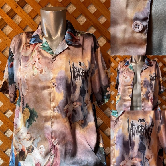 NWT REBEL VENGEANCE Wearable Art ITALIAN Boticelli and LOGO Print Satin SHIRT M - Picture 5 of 16